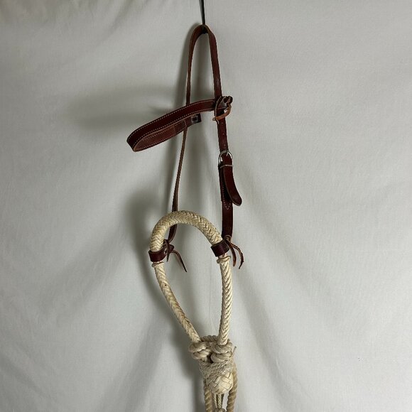 Handmade Braided Rawhide Bosal w Headstall and Cotton Rope Reins - Picture 2 of 5